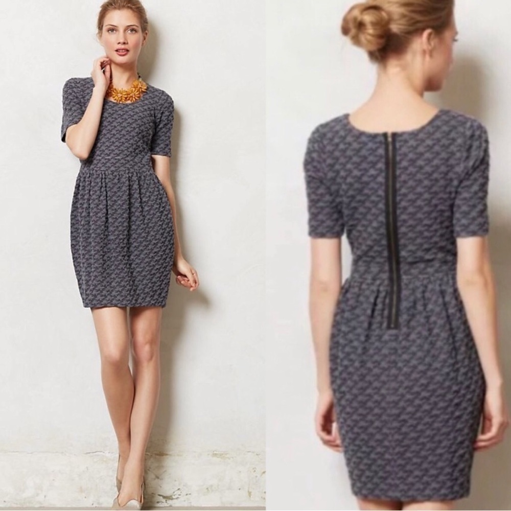Anthro Ganni Athena Gray Textured Houndstooth Knit Mini Dress Short Sleeve M‎